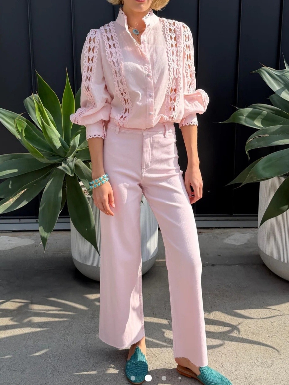 benaar LA Soft Pink Wide Leg Jeans High Rise Straight Leg Comfort Boho Raw Hem